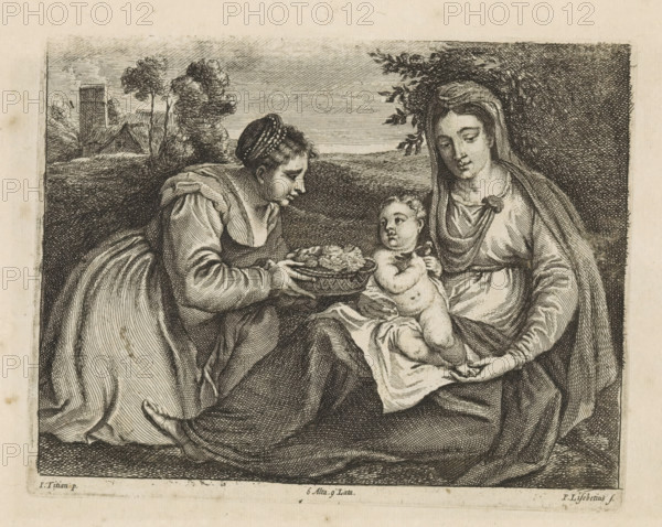 St. Dorothea offers the Christ Child a basket of flowers, print, album page, St. Dorothea kneels