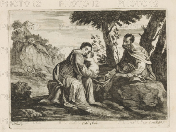 Holy Family in a landscape, print, album page, Possibly the rest on the flight to Egypt. In the