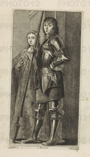 St. George and St. Cecilia, print, album page, Saint George holds a lance. This print is part of an