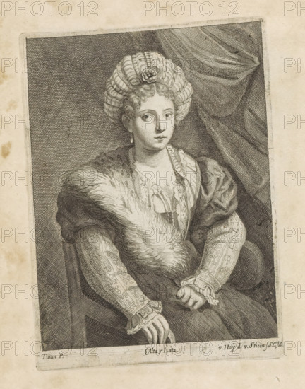 Portrait of Isabella d'Este, print, album page, On a chair in front of a drapery. This print is