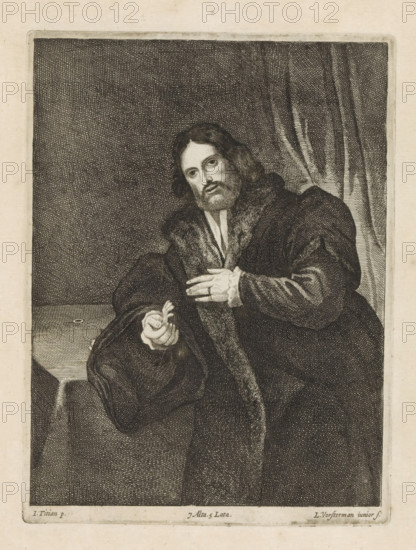 Portrait of a man with a golden claw, possibly Leonino Brembate, print, album page, He wears a