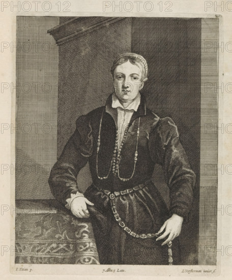 Portrait of a young woman, print, album page, She is wearing jewelry and leaning on a table. This