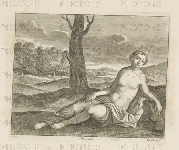 Lying woman in a landscape, print, album page, Possibly a nymph. This print is part of an album.,