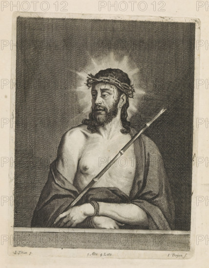 Ecce Homo, print, album page, Christ with crown of thorns, cloak and reed stalk as scepter. His