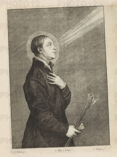 Portrait of a man as St. Sebastian, possibly the son of Francesco Filetto, print, album page, With