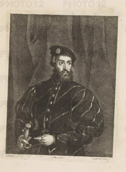 Portrait of an unknown man, print, album page, His right hand rests on his sword. He stands in