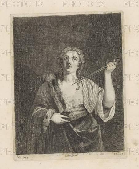 Death of Lucretia, print, album page, Lucretia is about to plunge a dagger into her breast. This