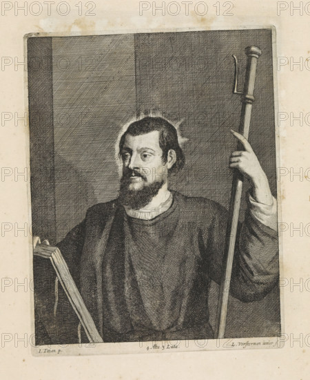 Portrait of Francesco Filetto as St. James the Greater, print, album page, With halo, book and
