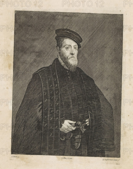 Portrait of an unknown nobleman with a beret, print, album page, This print is part of an album.,