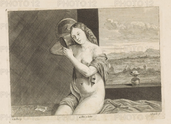 Sitting nude woman with mirror, print, album page, A nude woman sits on a bench and looks at her