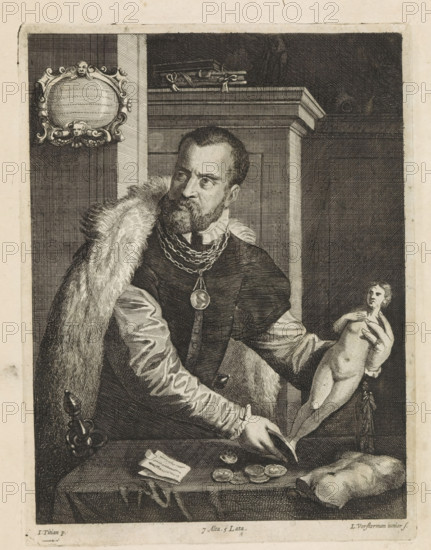 Portrait of Jacopo Strada, print, album page, He wears a fur cape and holds a statue. He stands by