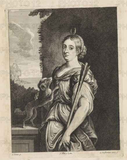 Diana, print, album page, A dog jumps up against her. In the distance a landscape. This print is