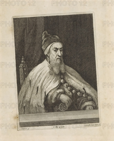Portrait of Doge Nicolò da Ponte, print, album page, He is sitting at a table. This print is part