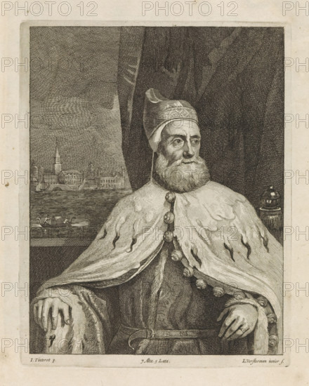 Portrait of Doge Francesco Donato, print, album page, He is seated in front of a drapery. Behind