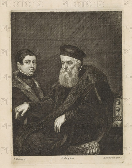 Portrait of an unknown old man and a boy, print, album page, The old man, probably a nobleman, is