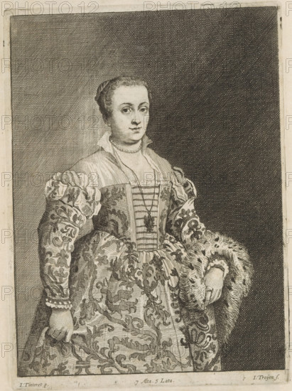 Portrait of an unknown young woman, print, album page, The woman is wearing a brocade dress. A fur