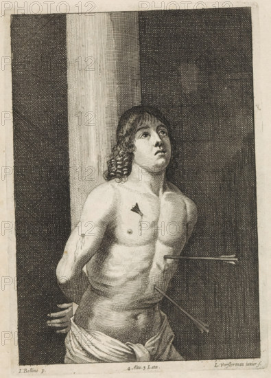 Martyrdom of St. Sebastian, print, album page, Saint Sebastian is bound to a pillar. His body is