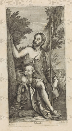 St. John the Baptist, print, album page, He sits next to a lamb by a tree. In his hand the cross.