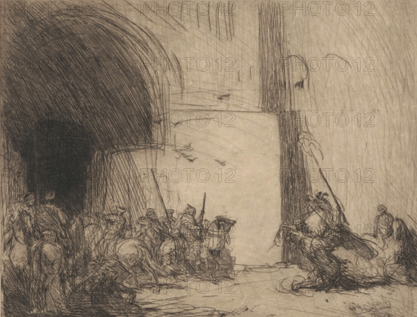 Fantasia, print, A group of horsemen at a gate. On the right, a horseman on a rearing horse. He