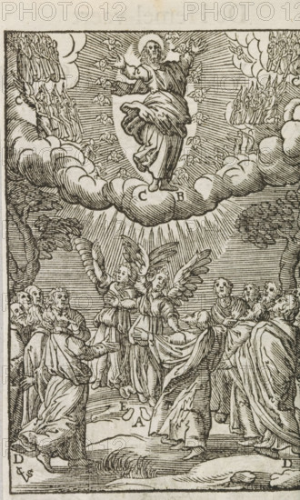 Ascension of Christ, print, album page, book illustration, Christ, with raised hands, is taken up
