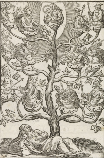 Tree of Jesse, print, album page, book illustration, The Tree of Jesse. In the foreground, Jesse