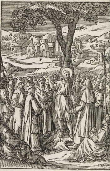 Preaching of John the Baptist, print, album page, book illustration, John the Baptist, in a camel