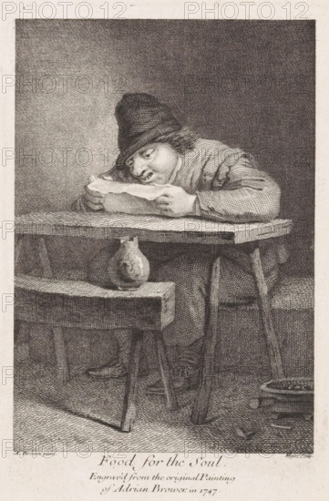 Food for the Soul, Reading farmer at a table, print, The farmer reads a letter or newspaper.,