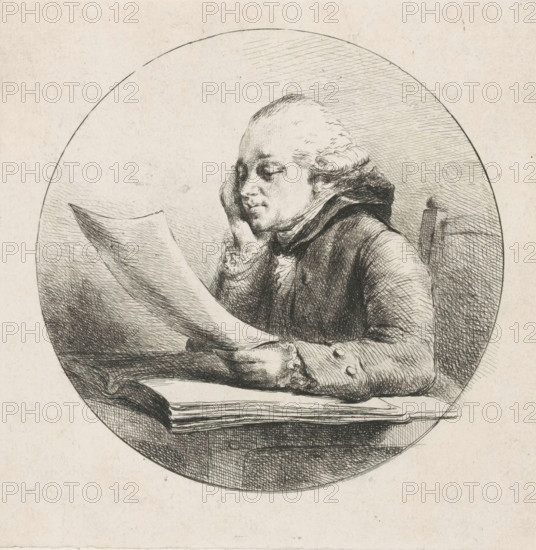 Portrait of a man, possibly Hugues-Adrien Joly, print, seated at his desk with a sheet of paper in