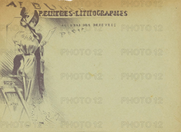 Woman with a print in her hand next to a print stand, print, envelope, printmaker: Henri Patrice