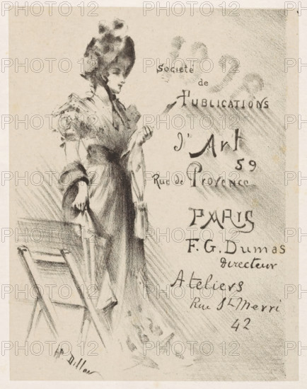 Woman looking at a print, next to her a print stand., print, Advertising poster for the Societé de
