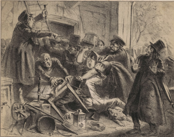 Argument during a household goods auction, Auction, print, An argument broke out during a public