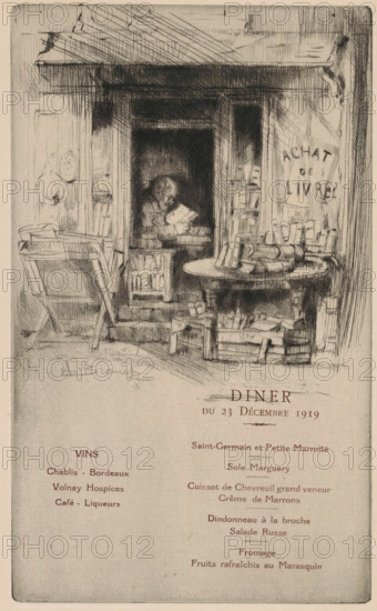 Menu for Les Cent bibliophiles, print, menu, In the doorway of his shop sits a bookseller reading.