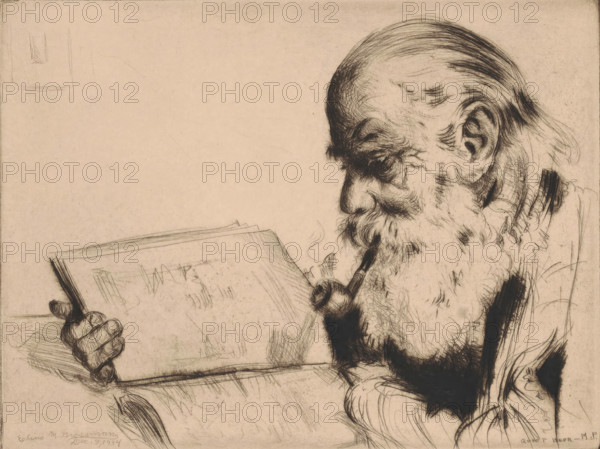 Old man with a pipe, reading a book, Quiet Hour, print, watermark: 'France', printmaker: Elias M.