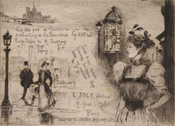 Publisher's prospectus for La Parisienne fin XIXe siecle by Henri Jourdain, print, Right a woman