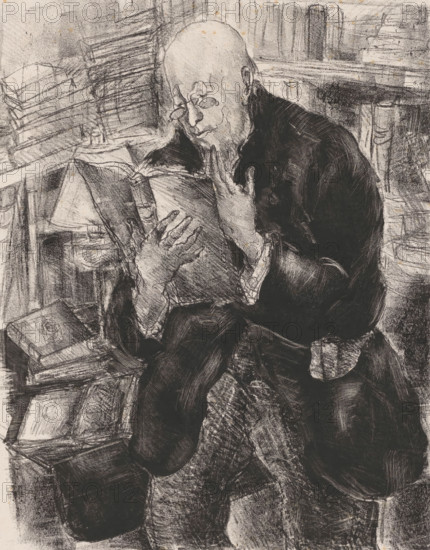 Reading man in a library, print, In a room full of books stands a bald man with a book in his hands