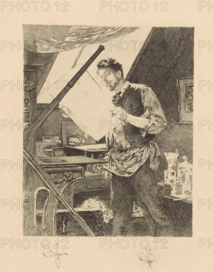 Portrait of Félicien Rops in his studio, print, The artist inspects a print, behind him on a table