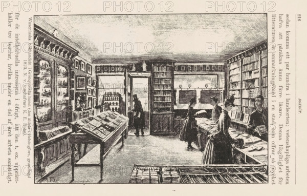 Interior of the Wasenius bookstore in Helsinki, print, book illustration, printmaker: unknown,