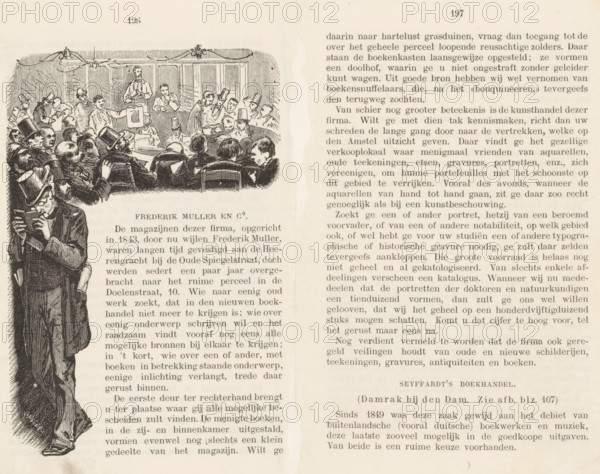 Auction at Frederik Muller and Co., print, book illustration, In the foreground a reading man,