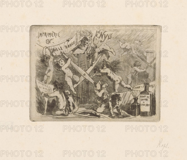 Business card of printer François Nys, print, visiting card, Depiction of eleven putti in a