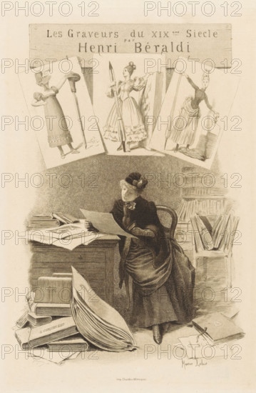 Woman examining prints behind a desk, Title page in front: Henri Béraldi, Les graveurs du XIXe