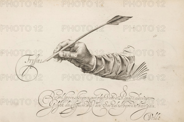 Right hand with quill, Mirror of the Art of Writing, print, album page, ornamental print, Frysius