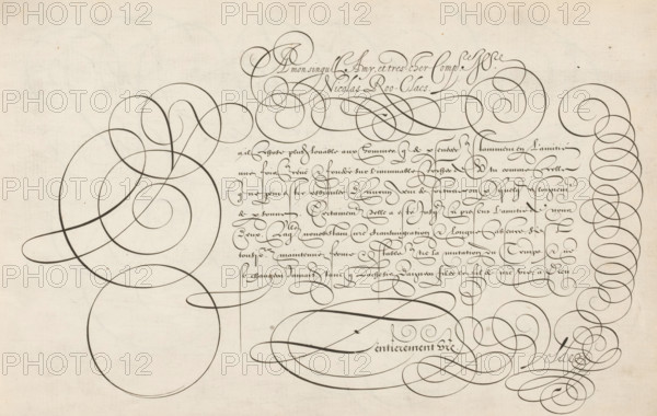 Writing sample: A mon singulier amy, Spieghel der schrijfkonste, print, album page, ornamental