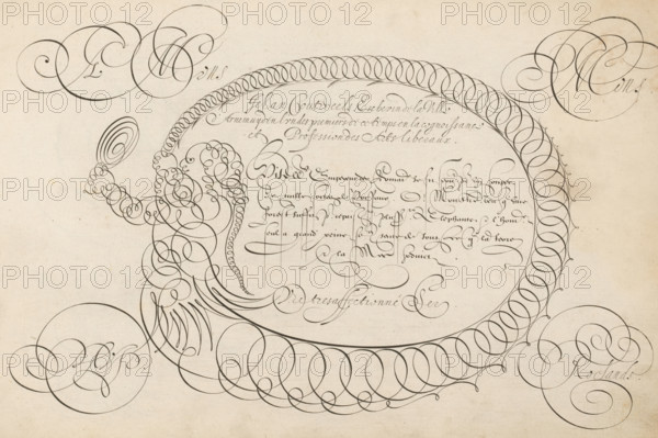 Writing sample with a figure looking in a mirror in scrollwork, 't Magazin oft pac-huys der