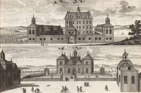 Sätuna, Säby, View of the Sätuna mansion and the Saby mansion, Suecia Antiqua et Hodierna, print,