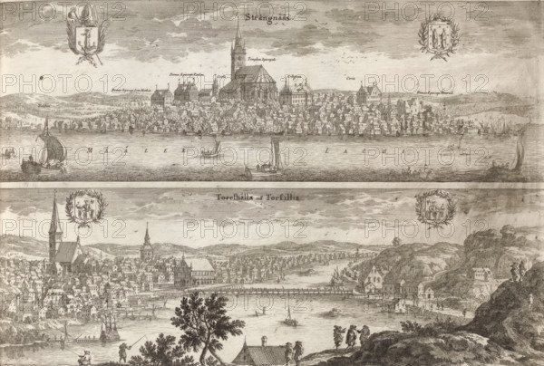 Strängnääs, Toreshälla vell Torsilia, View of Strängnäs and Torshälla, Suecia Antiqua et Hodierna,