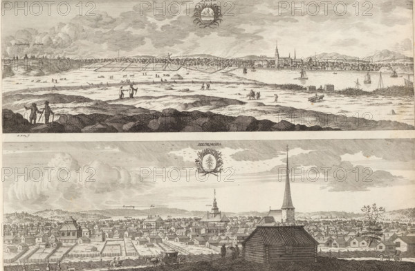 View of Falun and Hedemora, Falun, Hedemora, Suecia Antiqua et Hodierna, print, album page,