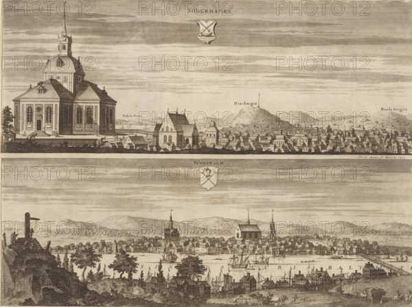 Söderhambn, Sundswald, View of the city of Söderhamn and Sundsvall, Suecia Antiqua et Hodierna,