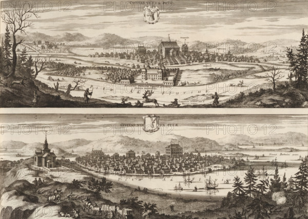 Civitas vetvs Pitae, Civitas nova Pitae, View of Piteå, the old and new town, Suecia Antiqua et