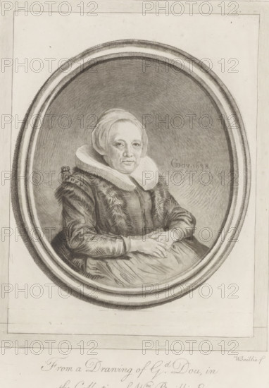 Portrait of Gerard Dou's mother, print, album page, printmaker: William Baillie, after drawing by