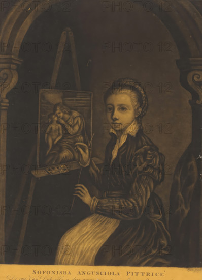 Sofonisba Angusciola Pittrice, Self-portrait of Sofonisba Anguissola, print, album page, painting a